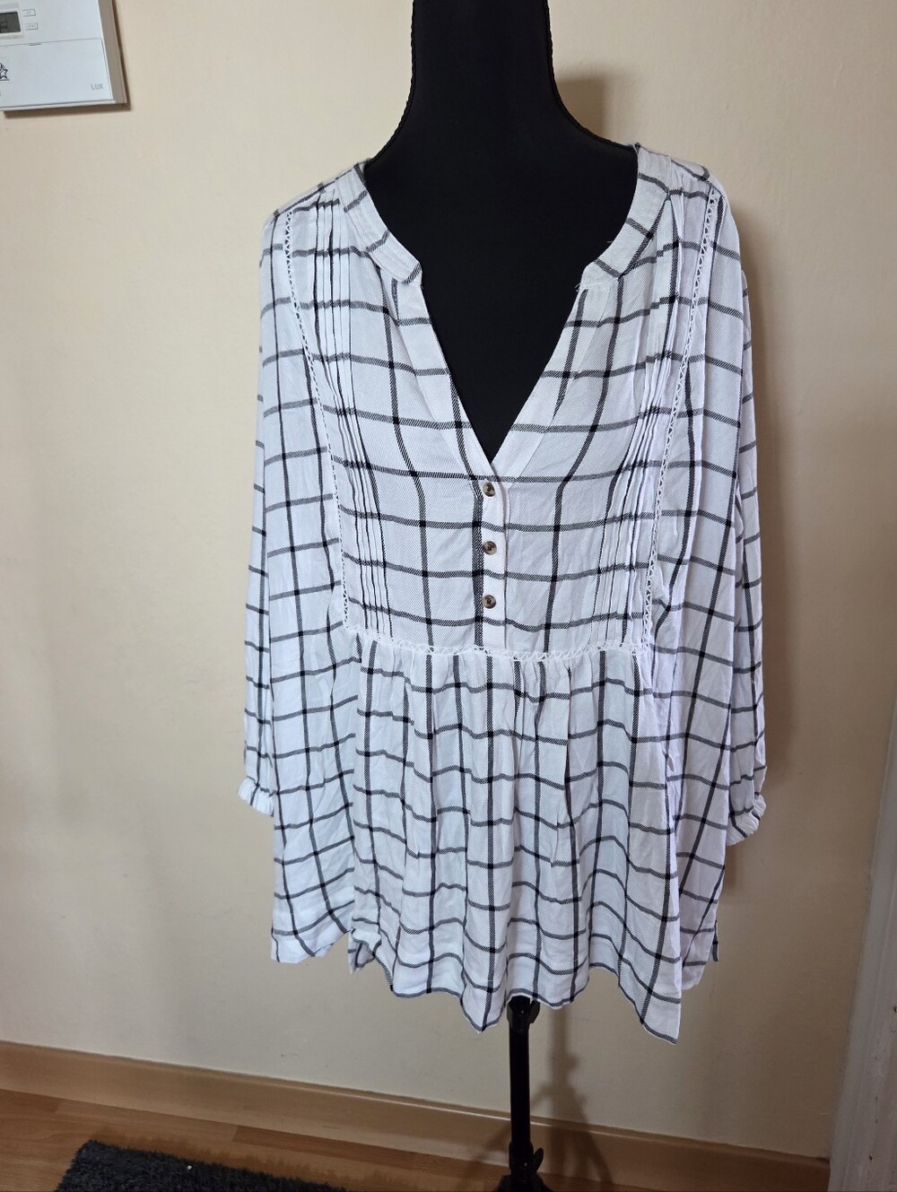 Wrangler White Blouse with Black Windowpane Check Western Boho Rodeo XXL